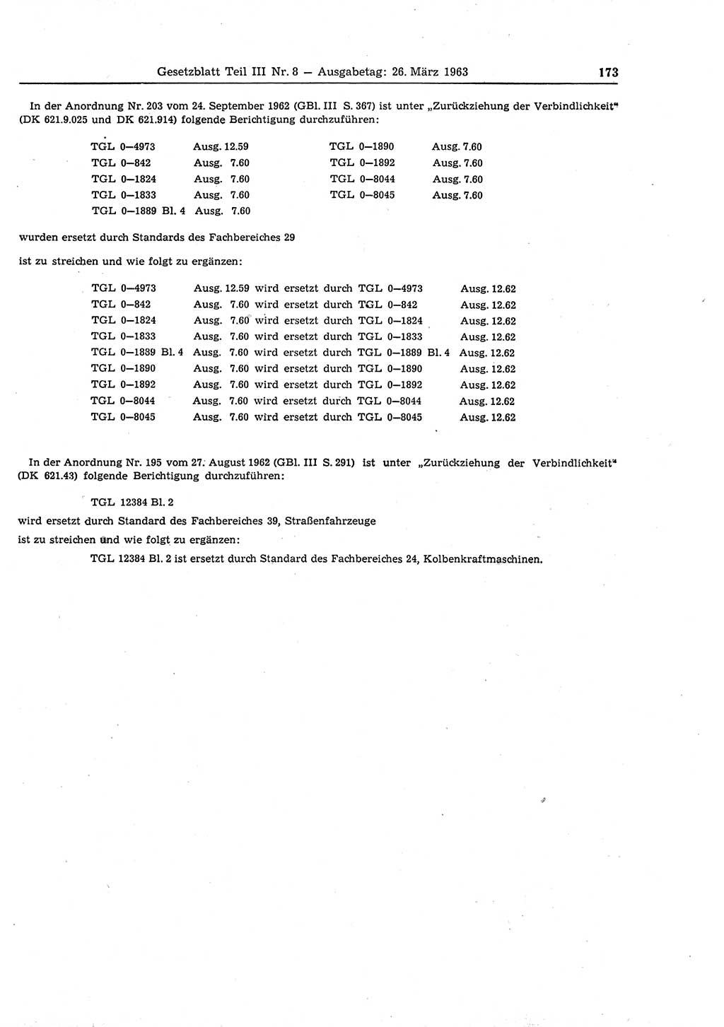 Gesetzblatt (GBl.) der Deutschen Demokratischen Republik (DDR) Teil ⅠⅠⅠ 1963, Seite 173 (GBl. DDR ⅠⅠⅠ 1963, S. 173)