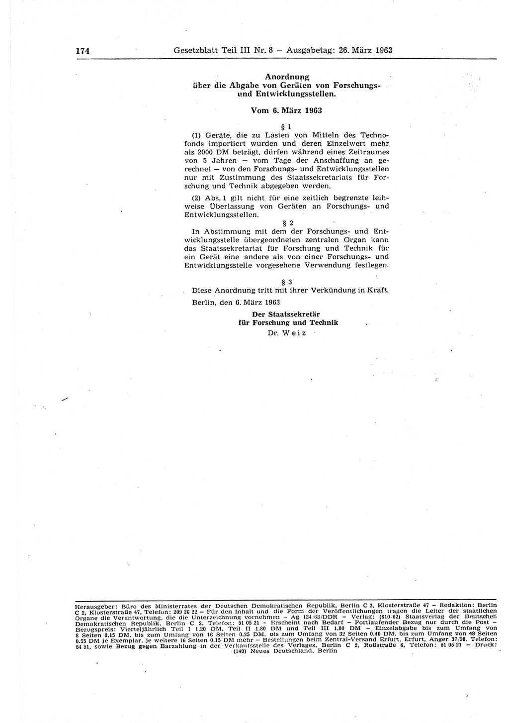 Gesetzblatt (GBl.) der Deutschen Demokratischen Republik (DDR) Teil ⅠⅠⅠ 1963, Seite 174 (GBl. DDR ⅠⅠⅠ 1963, S. 174)