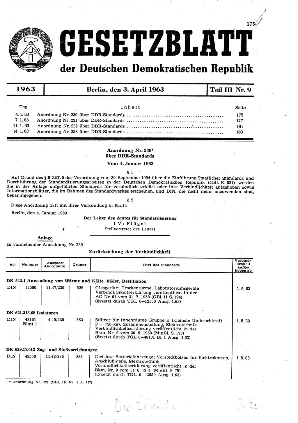 Gesetzblatt (GBl.) der Deutschen Demokratischen Republik (DDR) Teil ⅠⅠⅠ 1963, Seite 175 (GBl. DDR ⅠⅠⅠ 1963, S. 175)