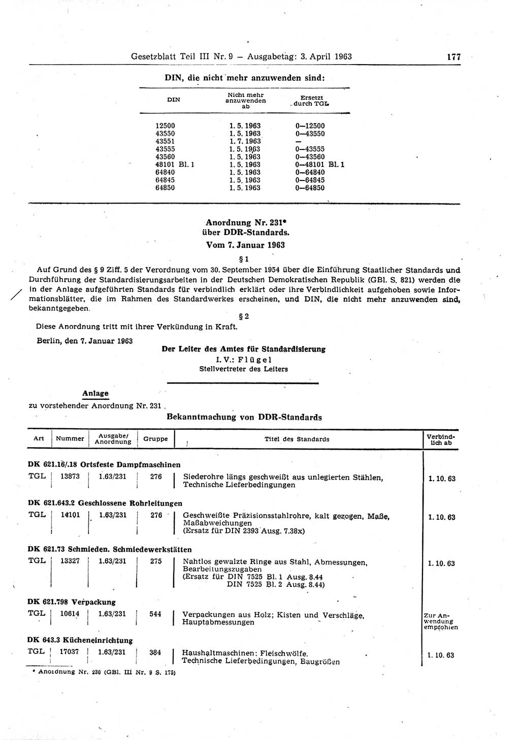 Gesetzblatt (GBl.) der Deutschen Demokratischen Republik (DDR) Teil ⅠⅠⅠ 1963, Seite 177 (GBl. DDR ⅠⅠⅠ 1963, S. 177)