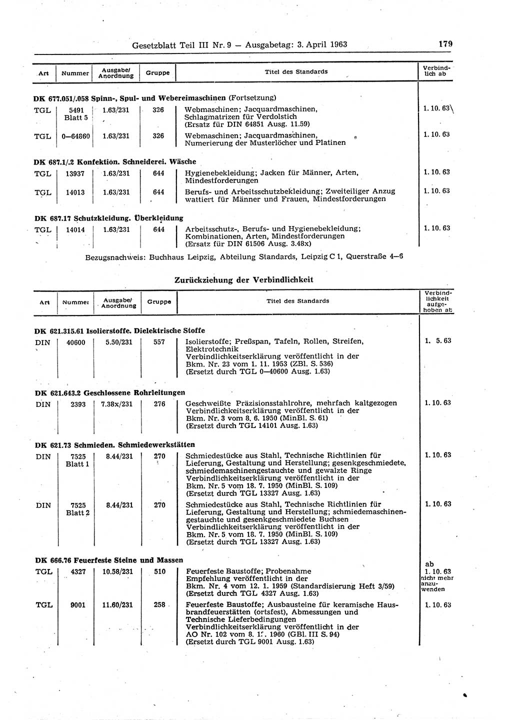 Gesetzblatt (GBl.) der Deutschen Demokratischen Republik (DDR) Teil ⅠⅠⅠ 1963, Seite 179 (GBl. DDR ⅠⅠⅠ 1963, S. 179)