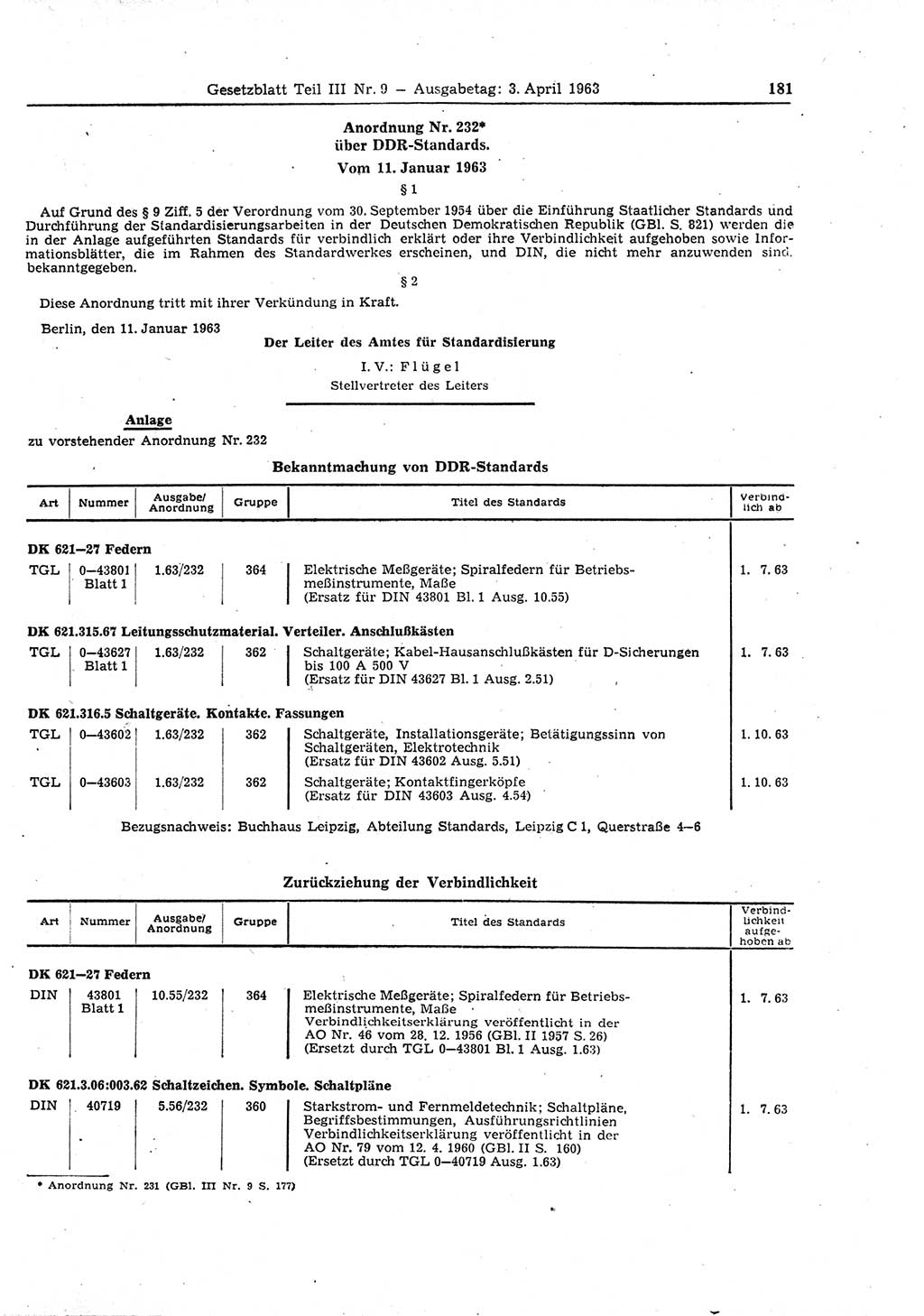Gesetzblatt (GBl.) der Deutschen Demokratischen Republik (DDR) Teil ⅠⅠⅠ 1963, Seite 181 (GBl. DDR ⅠⅠⅠ 1963, S. 181)