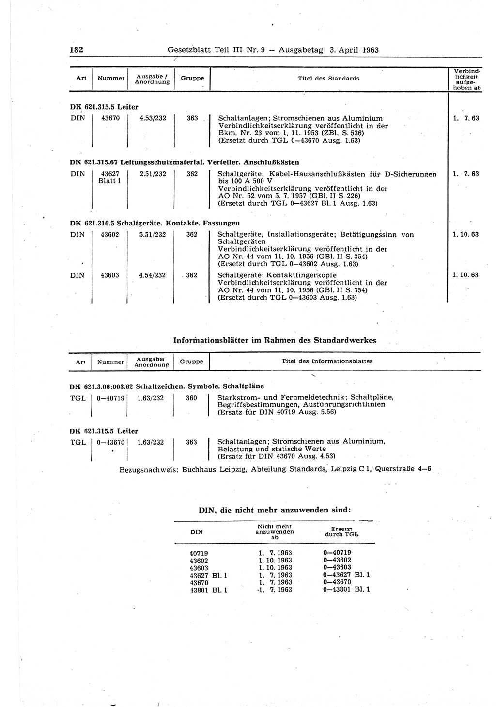 Gesetzblatt (GBl.) der Deutschen Demokratischen Republik (DDR) Teil ⅠⅠⅠ 1963, Seite 182 (GBl. DDR ⅠⅠⅠ 1963, S. 182)