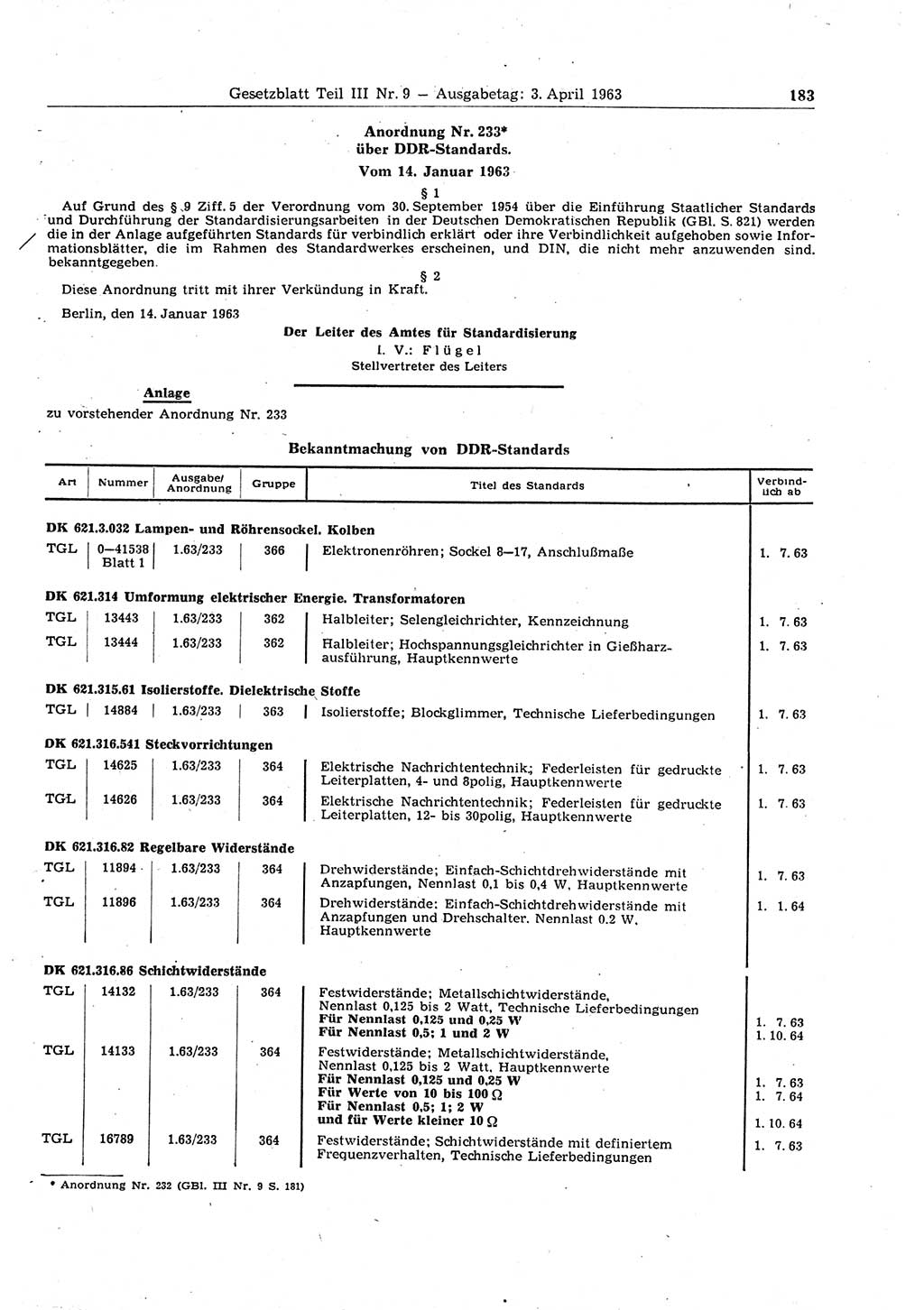 Gesetzblatt (GBl.) der Deutschen Demokratischen Republik (DDR) Teil ⅠⅠⅠ 1963, Seite 183 (GBl. DDR ⅠⅠⅠ 1963, S. 183)