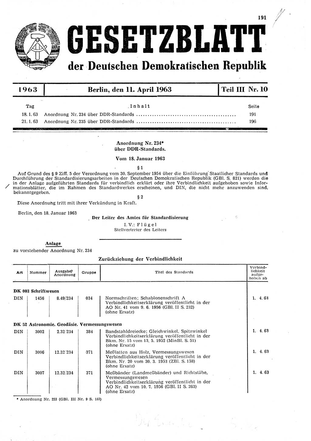 Gesetzblatt (GBl.) der Deutschen Demokratischen Republik (DDR) Teil ⅠⅠⅠ 1963, Seite 191 (GBl. DDR ⅠⅠⅠ 1963, S. 191)
