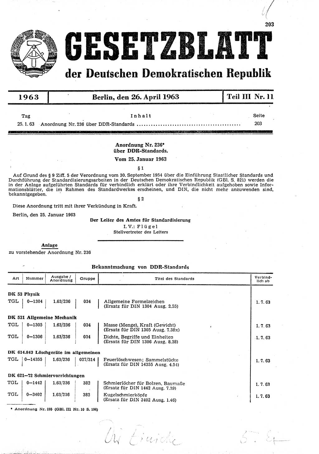 Gesetzblatt (GBl.) der Deutschen Demokratischen Republik (DDR) Teil ⅠⅠⅠ 1963, Seite 203 (GBl. DDR ⅠⅠⅠ 1963, S. 203)