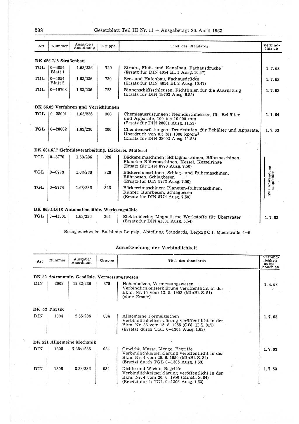 Gesetzblatt (GBl.) der Deutschen Demokratischen Republik (DDR) Teil ⅠⅠⅠ 1963, Seite 208 (GBl. DDR ⅠⅠⅠ 1963, S. 208)