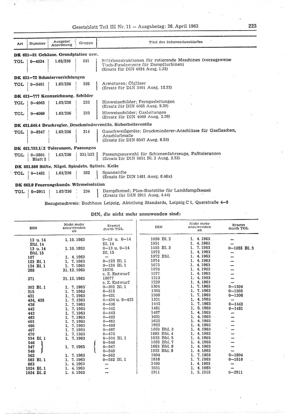 Gesetzblatt (GBl.) der Deutschen Demokratischen Republik (DDR) Teil ⅠⅠⅠ 1963, Seite 225 (GBl. DDR ⅠⅠⅠ 1963, S. 225)