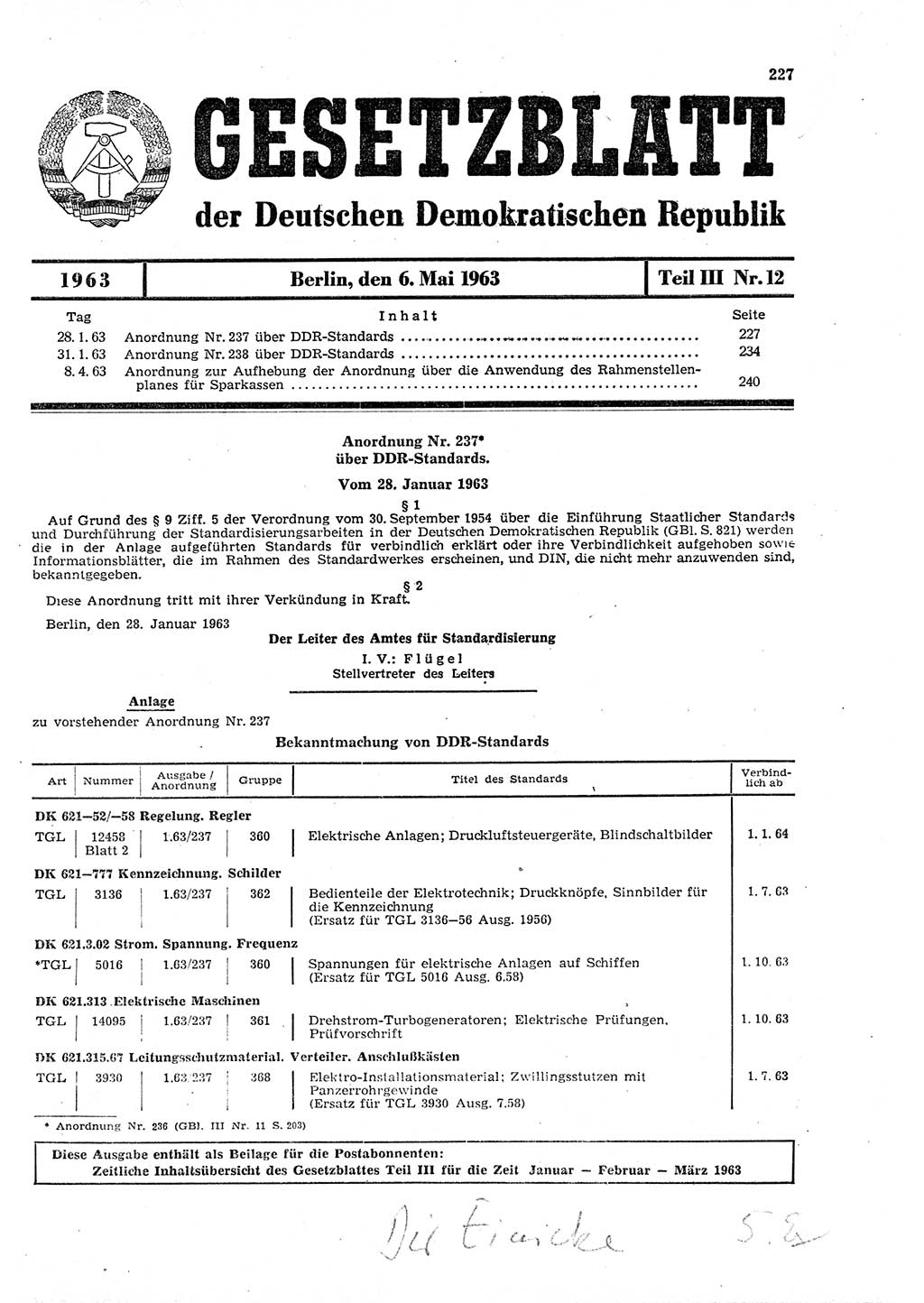 Gesetzblatt (GBl.) der Deutschen Demokratischen Republik (DDR) Teil ⅠⅠⅠ 1963, Seite 227 (GBl. DDR ⅠⅠⅠ 1963, S. 227)
