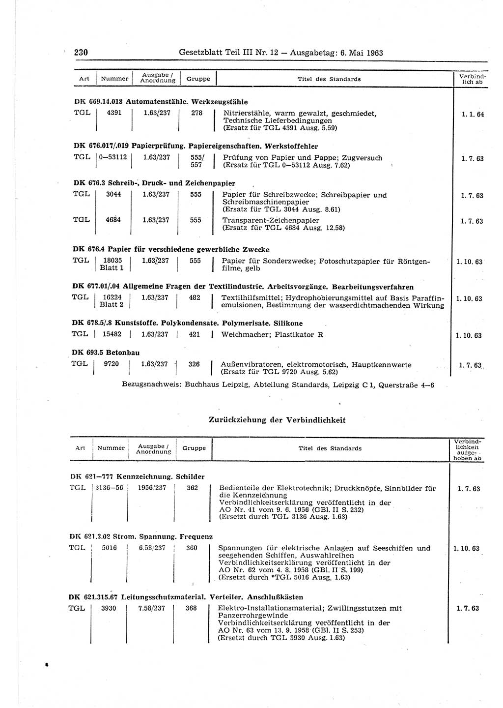 Gesetzblatt (GBl.) der Deutschen Demokratischen Republik (DDR) Teil ⅠⅠⅠ 1963, Seite 230 (GBl. DDR ⅠⅠⅠ 1963, S. 230)