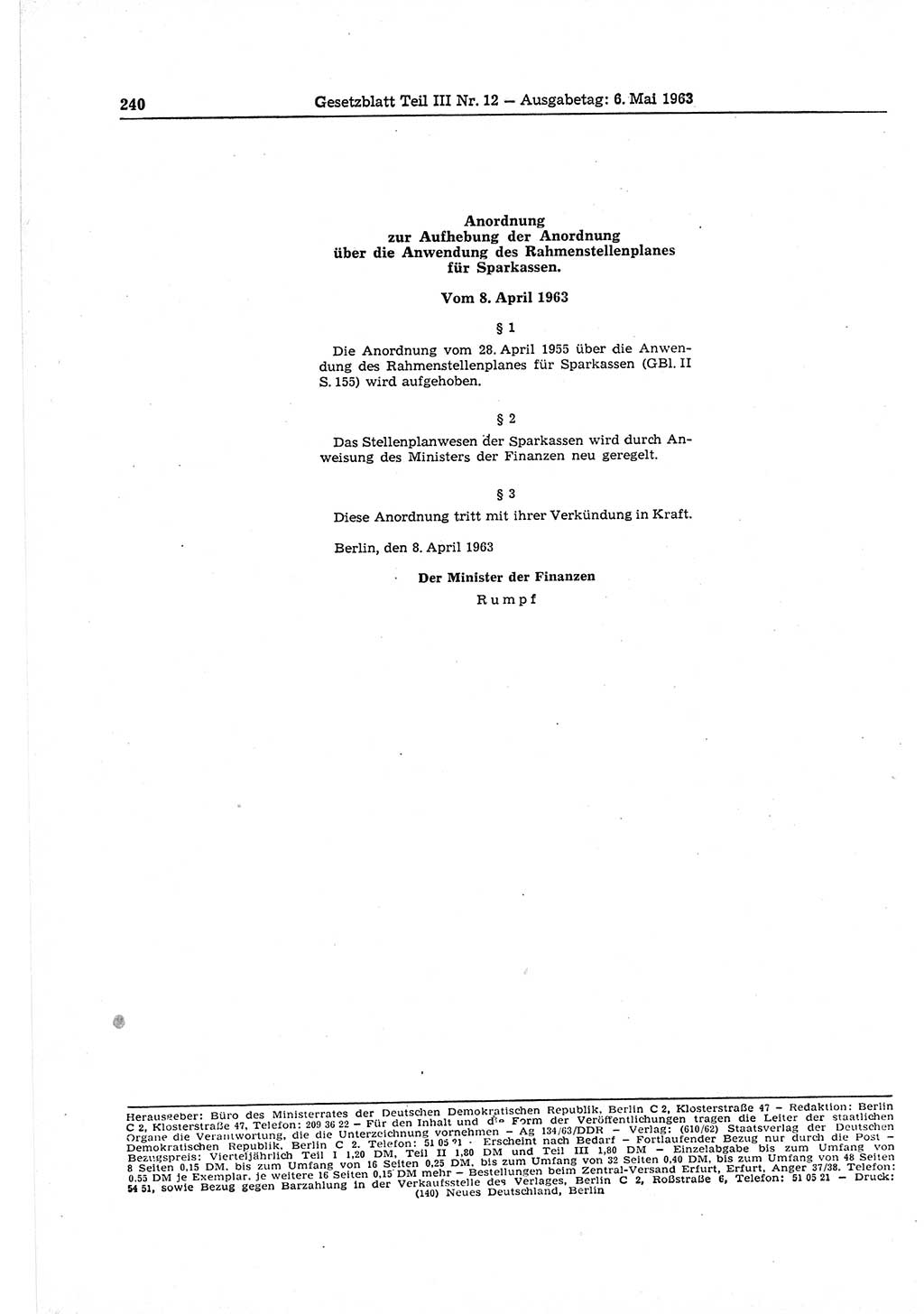 Gesetzblatt (GBl.) der Deutschen Demokratischen Republik (DDR) Teil ⅠⅠⅠ 1963, Seite 240 (GBl. DDR ⅠⅠⅠ 1963, S. 240)