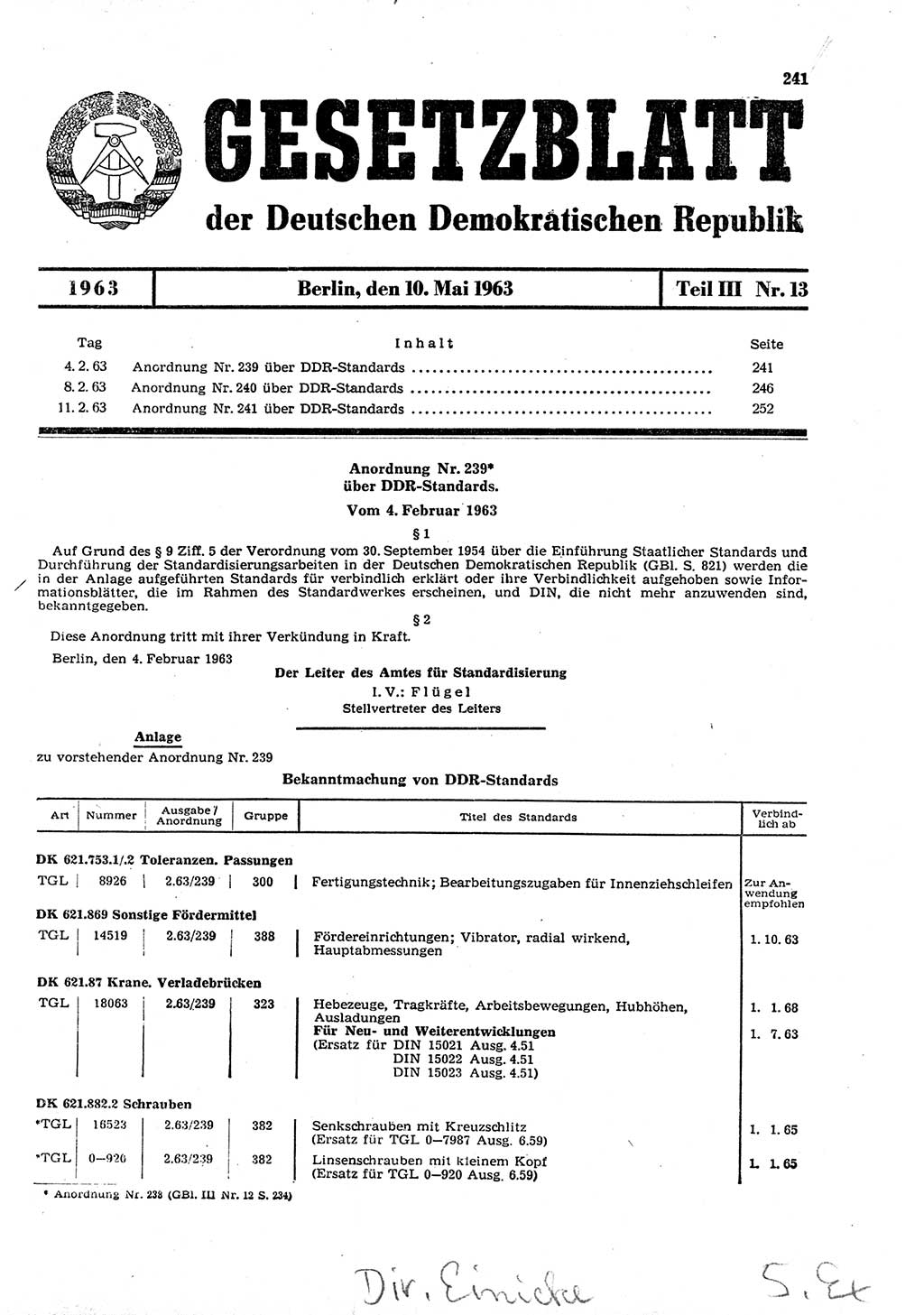 Gesetzblatt (GBl.) der Deutschen Demokratischen Republik (DDR) Teil ⅠⅠⅠ 1963, Seite 241 (GBl. DDR ⅠⅠⅠ 1963, S. 241)