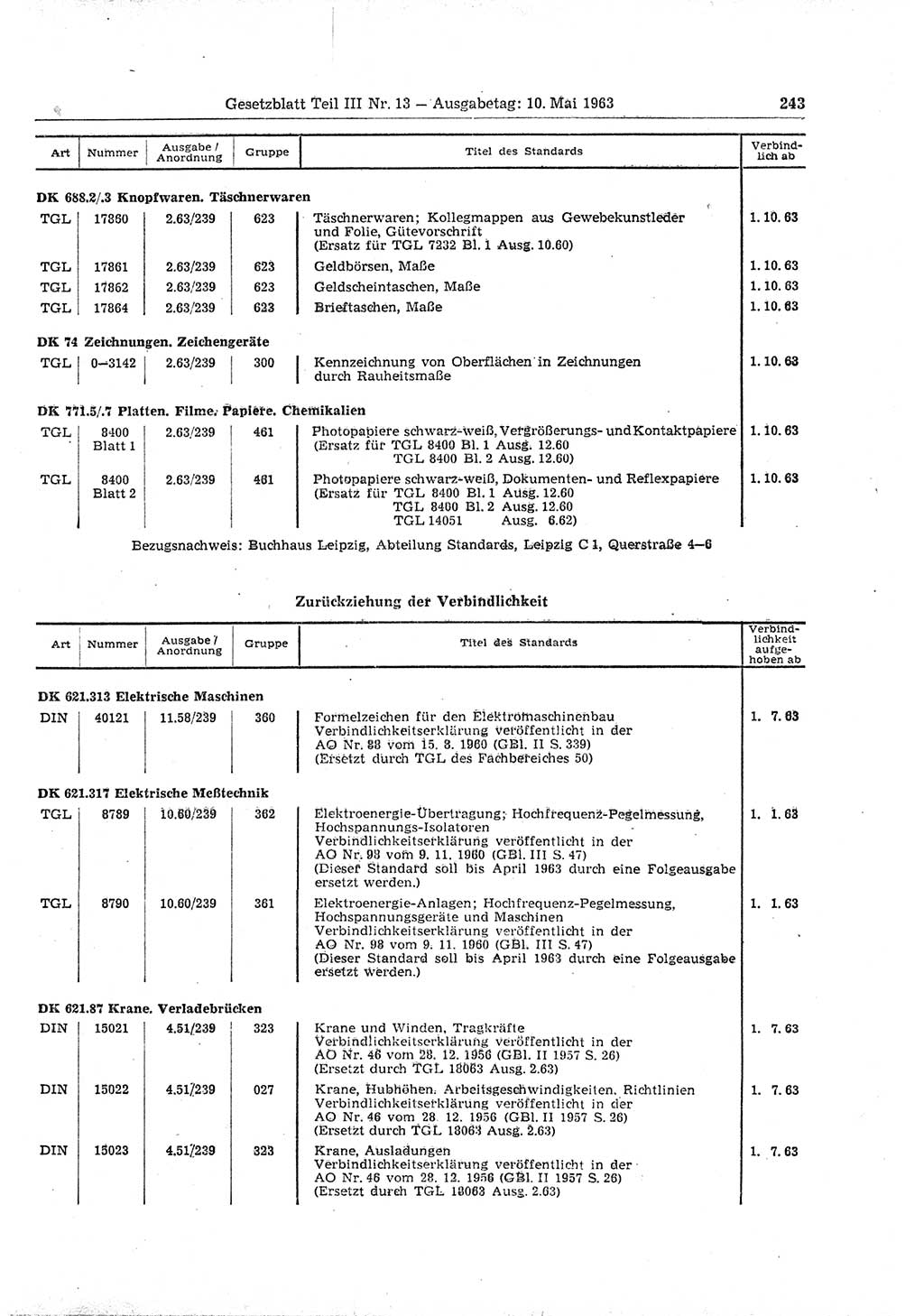 Gesetzblatt (GBl.) der Deutschen Demokratischen Republik (DDR) Teil ⅠⅠⅠ 1963, Seite 243 (GBl. DDR ⅠⅠⅠ 1963, S. 243)
