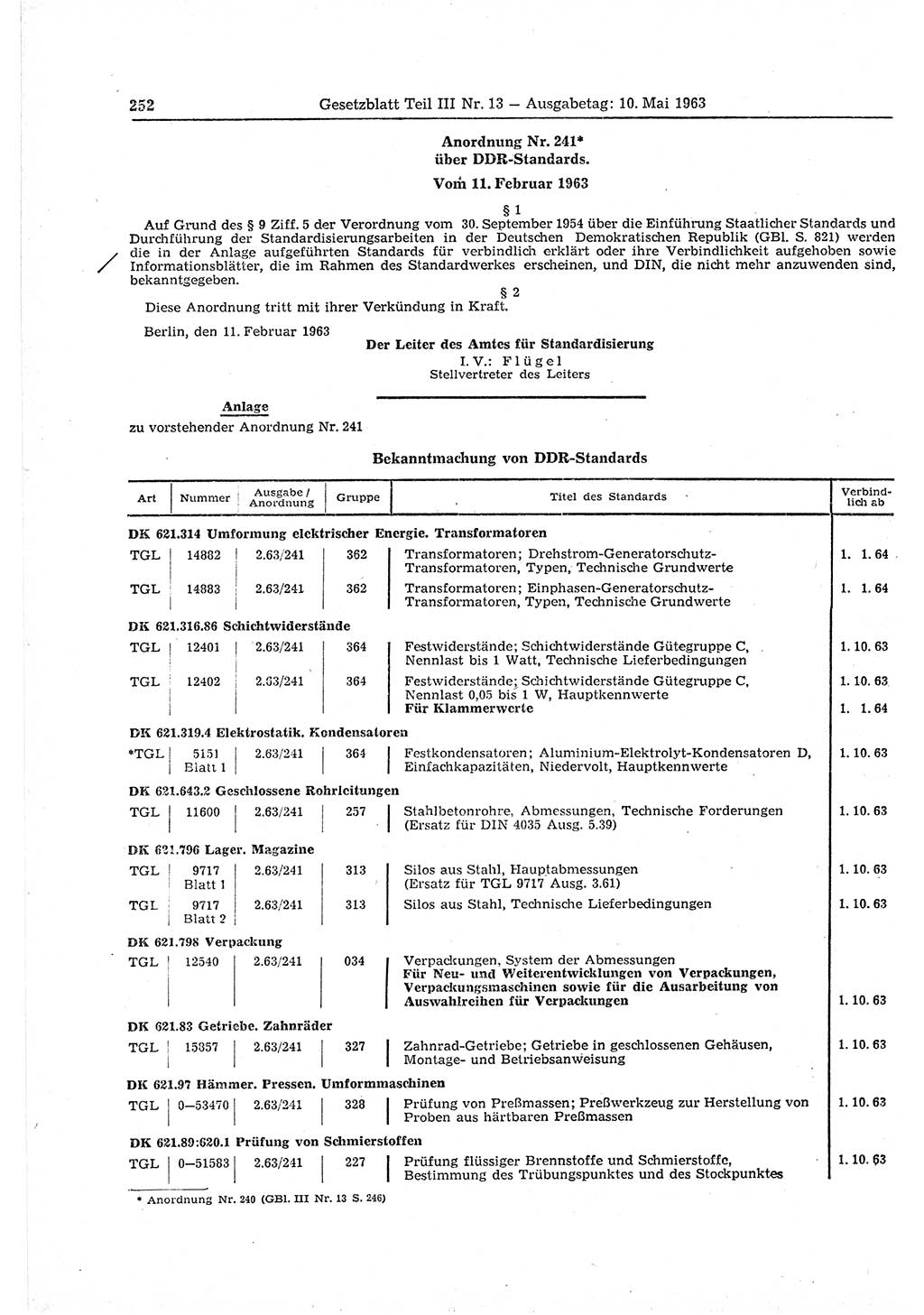 Gesetzblatt (GBl.) der Deutschen Demokratischen Republik (DDR) Teil ⅠⅠⅠ 1963, Seite 252 (GBl. DDR ⅠⅠⅠ 1963, S. 252)