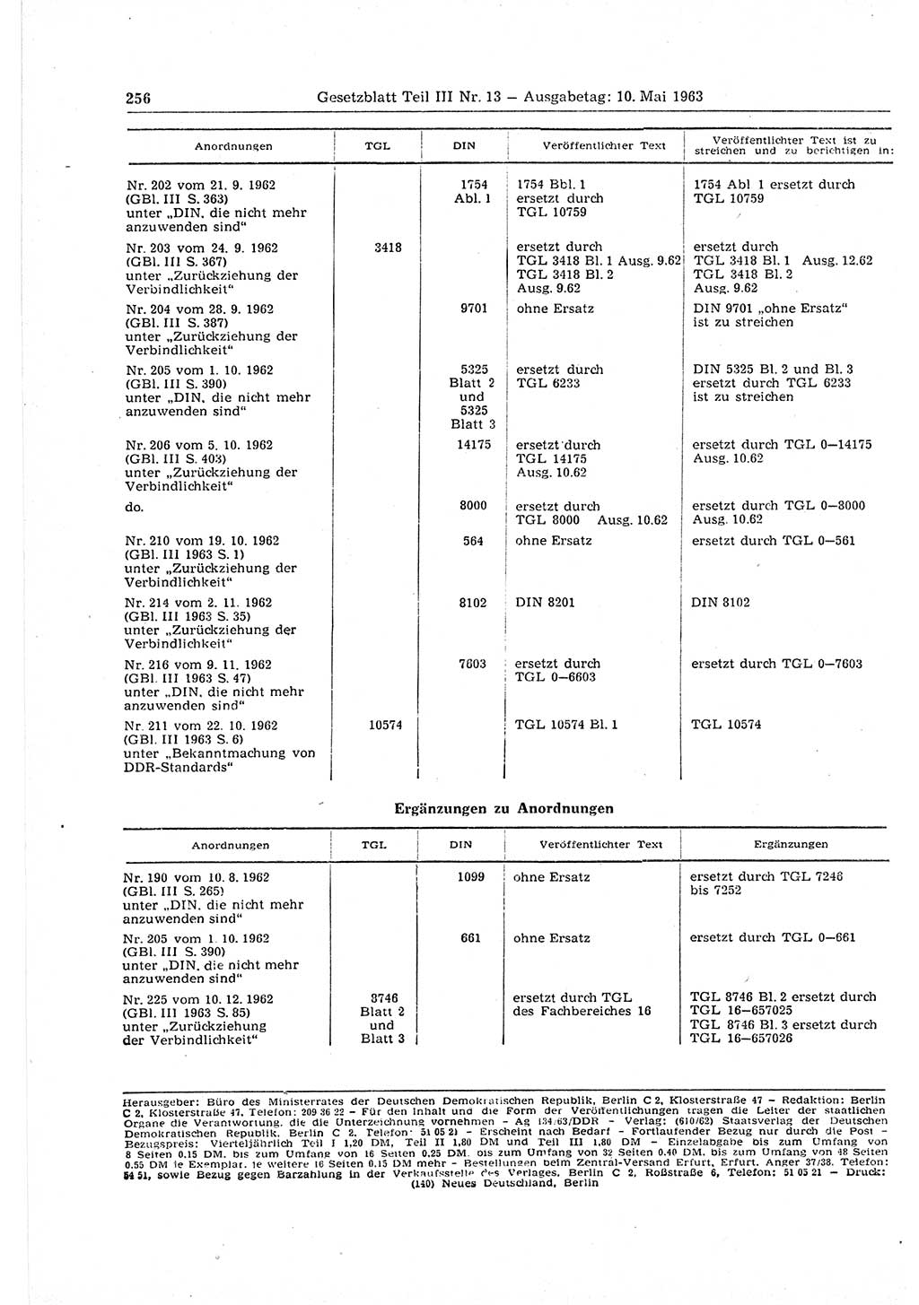 Gesetzblatt (GBl.) der Deutschen Demokratischen Republik (DDR) Teil ⅠⅠⅠ 1963, Seite 256 (GBl. DDR ⅠⅠⅠ 1963, S. 256)