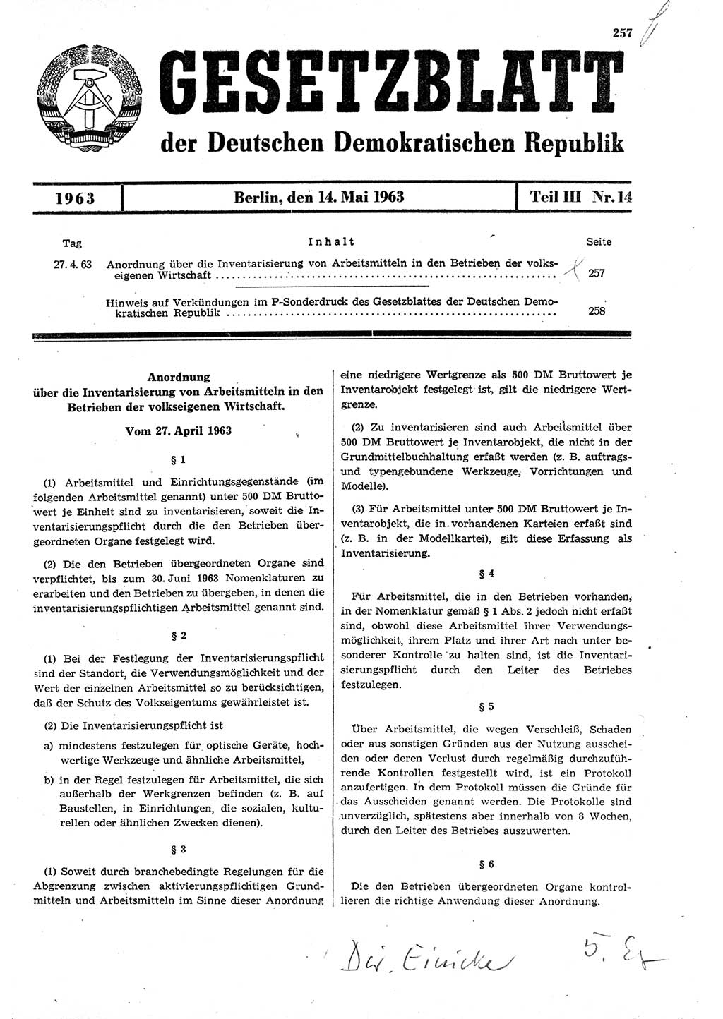 Gesetzblatt (GBl.) der Deutschen Demokratischen Republik (DDR) Teil ⅠⅠⅠ 1963, Seite 257 (GBl. DDR ⅠⅠⅠ 1963, S. 257)