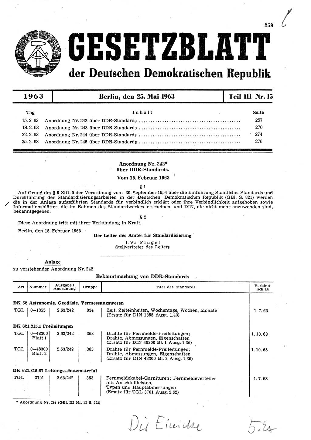 Gesetzblatt (GBl.) der Deutschen Demokratischen Republik (DDR) Teil ⅠⅠⅠ 1963, Seite 259 (GBl. DDR ⅠⅠⅠ 1963, S. 259)