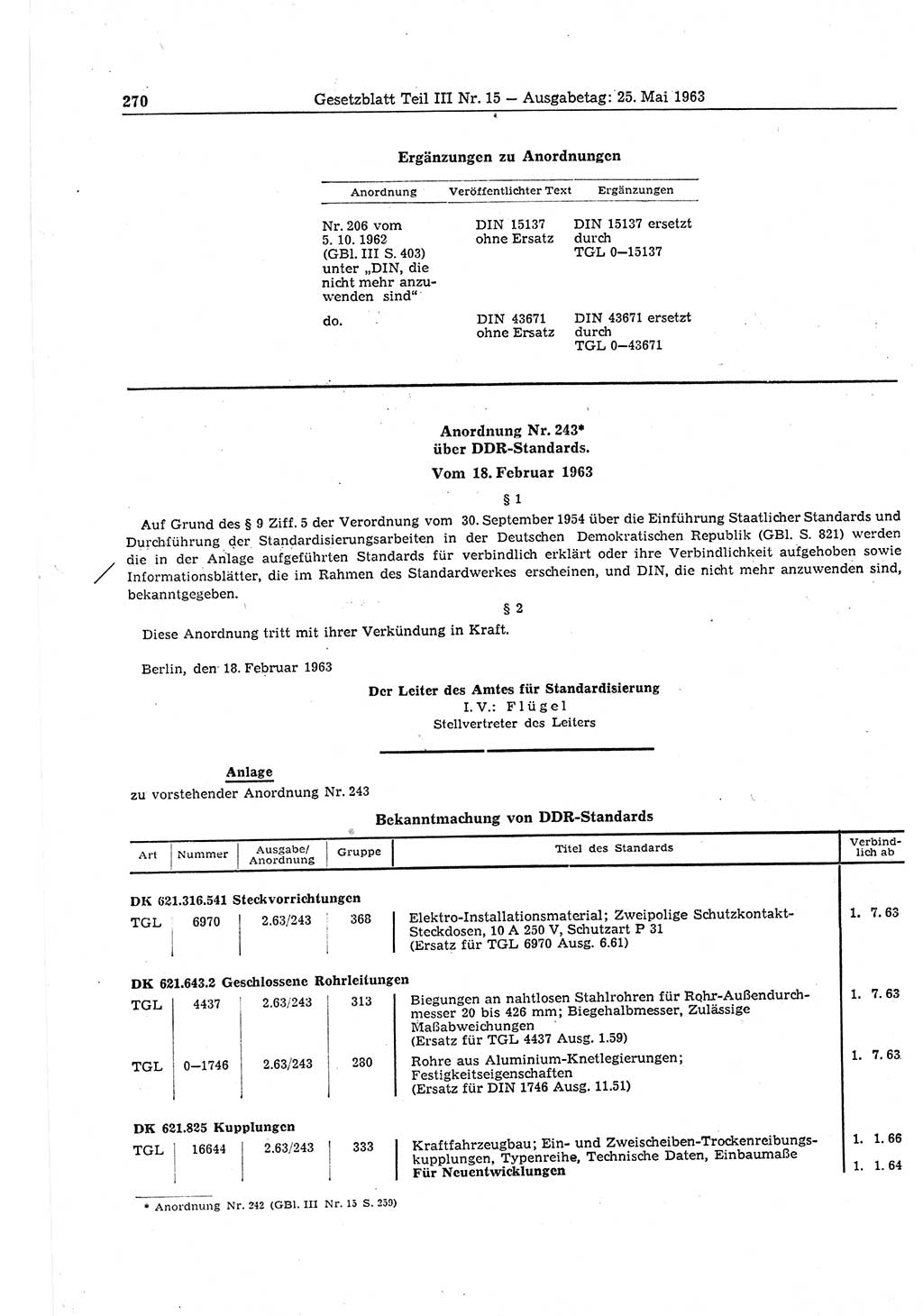 Gesetzblatt (GBl.) der Deutschen Demokratischen Republik (DDR) Teil ⅠⅠⅠ 1963, Seite 270 (GBl. DDR ⅠⅠⅠ 1963, S. 270)