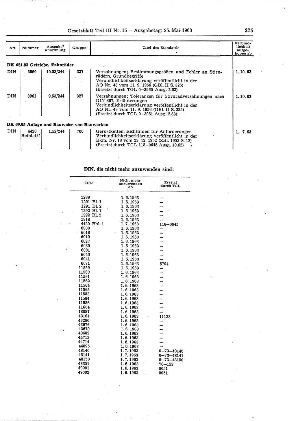 Gesetzblatt (GBl.) der Deutschen Demokratischen Republik (DDR) Teil ⅠⅠⅠ 1963, Seite 275 (GBl. DDR ⅠⅠⅠ 1963, S. 275)