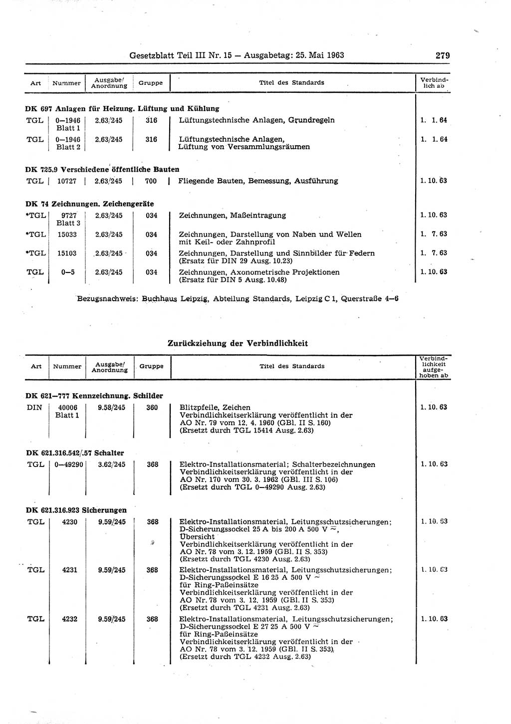 Gesetzblatt (GBl.) der Deutschen Demokratischen Republik (DDR) Teil ⅠⅠⅠ 1963, Seite 279 (GBl. DDR ⅠⅠⅠ 1963, S. 279)