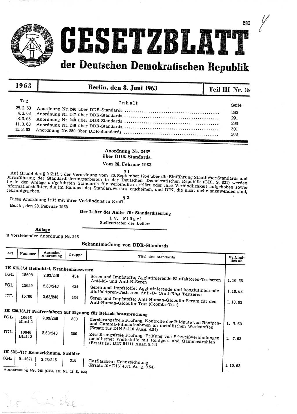 Gesetzblatt (GBl.) der Deutschen Demokratischen Republik (DDR) Teil ⅠⅠⅠ 1963, Seite 283 (GBl. DDR ⅠⅠⅠ 1963, S. 283)