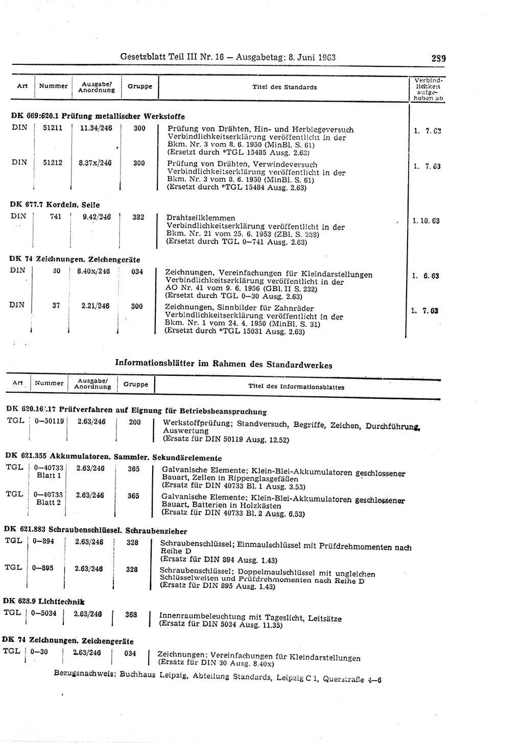 Gesetzblatt (GBl.) der Deutschen Demokratischen Republik (DDR) Teil ⅠⅠⅠ 1963, Seite 289 (GBl. DDR ⅠⅠⅠ 1963, S. 289)
