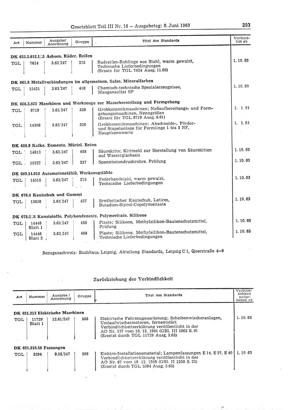 Gesetzblatt (GBl.) der Deutschen Demokratischen Republik (DDR) Teil ⅠⅠⅠ 1963, Seite 293 (GBl. DDR ⅠⅠⅠ 1963, S. 293)