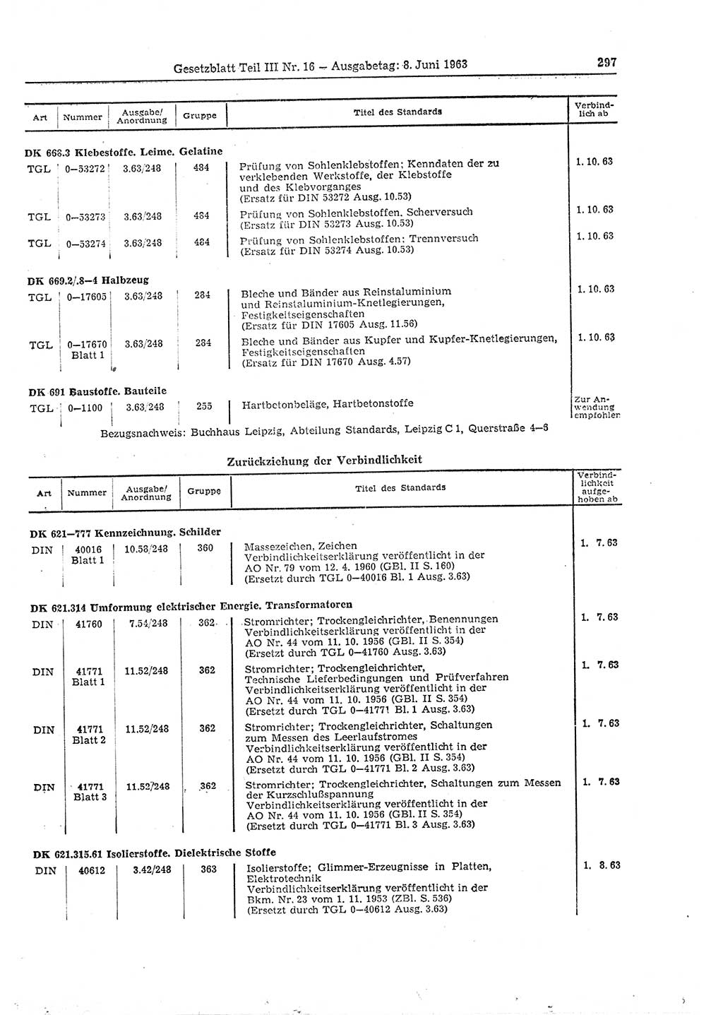 Gesetzblatt (GBl.) der Deutschen Demokratischen Republik (DDR) Teil ⅠⅠⅠ 1963, Seite 297 (GBl. DDR ⅠⅠⅠ 1963, S. 297)