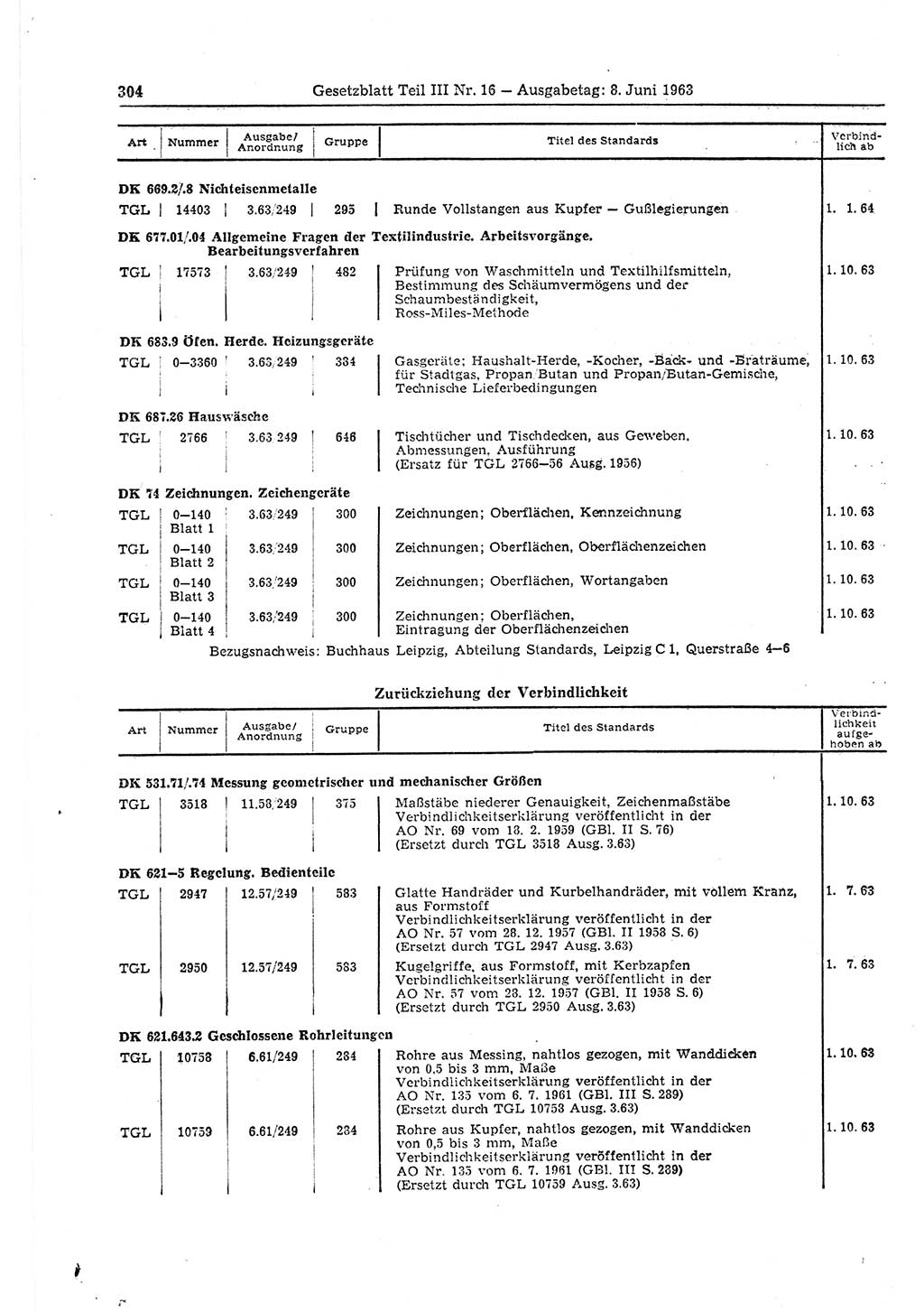 Gesetzblatt (GBl.) der Deutschen Demokratischen Republik (DDR) Teil ⅠⅠⅠ 1963, Seite 304 (GBl. DDR ⅠⅠⅠ 1963, S. 304)