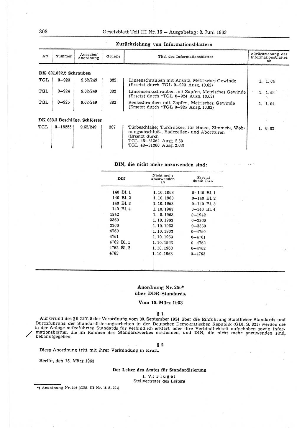 Gesetzblatt (GBl.) der Deutschen Demokratischen Republik (DDR) Teil ⅠⅠⅠ 1963, Seite 308 (GBl. DDR ⅠⅠⅠ 1963, S. 308)