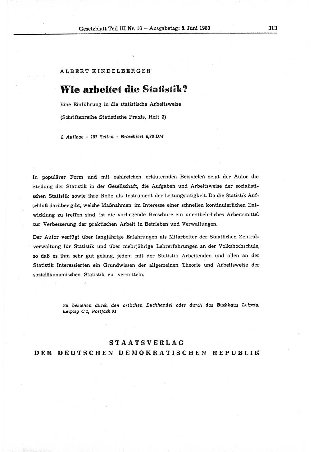 Gesetzblatt (GBl.) der Deutschen Demokratischen Republik (DDR) Teil ⅠⅠⅠ 1963, Seite 313 (GBl. DDR ⅠⅠⅠ 1963, S. 313)