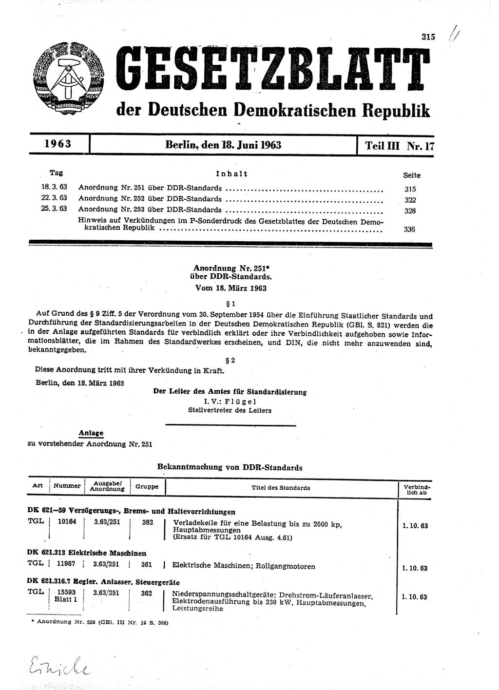 Gesetzblatt (GBl.) der Deutschen Demokratischen Republik (DDR) Teil ⅠⅠⅠ 1963, Seite 315 (GBl. DDR ⅠⅠⅠ 1963, S. 315)