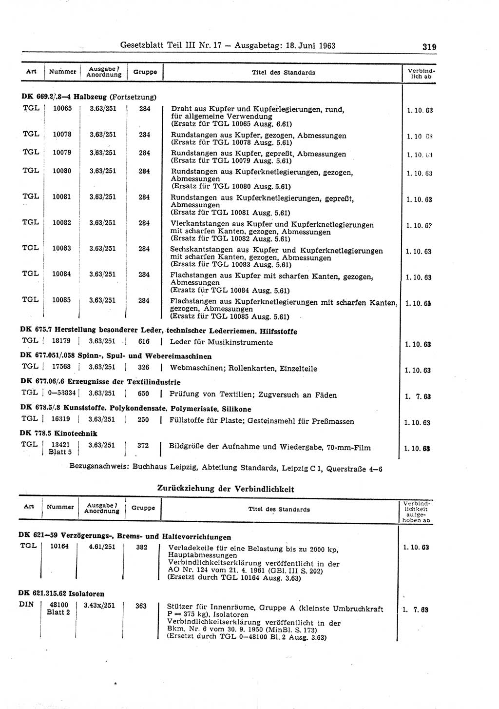 Gesetzblatt (GBl.) der Deutschen Demokratischen Republik (DDR) Teil ⅠⅠⅠ 1963, Seite 319 (GBl. DDR ⅠⅠⅠ 1963, S. 319)