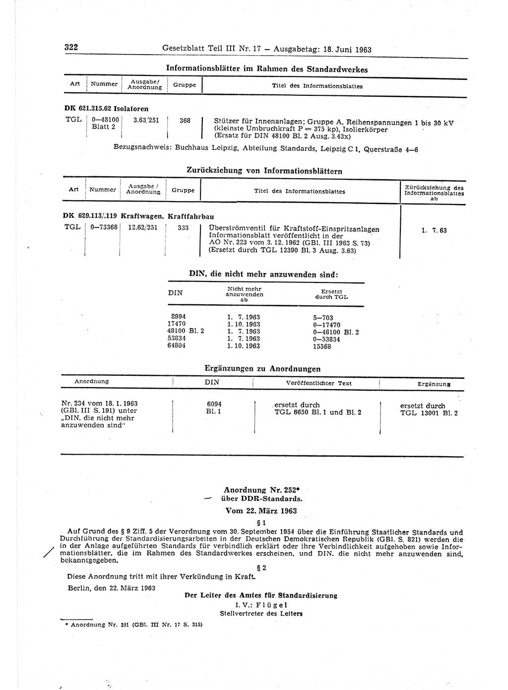 Gesetzblatt (GBl.) der Deutschen Demokratischen Republik (DDR) Teil ⅠⅠⅠ 1963, Seite 322 (GBl. DDR ⅠⅠⅠ 1963, S. 322)