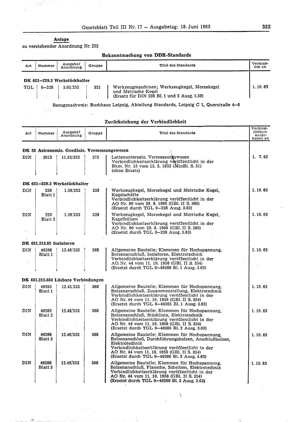 Gesetzblatt (GBl.) der Deutschen Demokratischen Republik (DDR) Teil ⅠⅠⅠ 1963, Seite 323 (GBl. DDR ⅠⅠⅠ 1963, S. 323)
