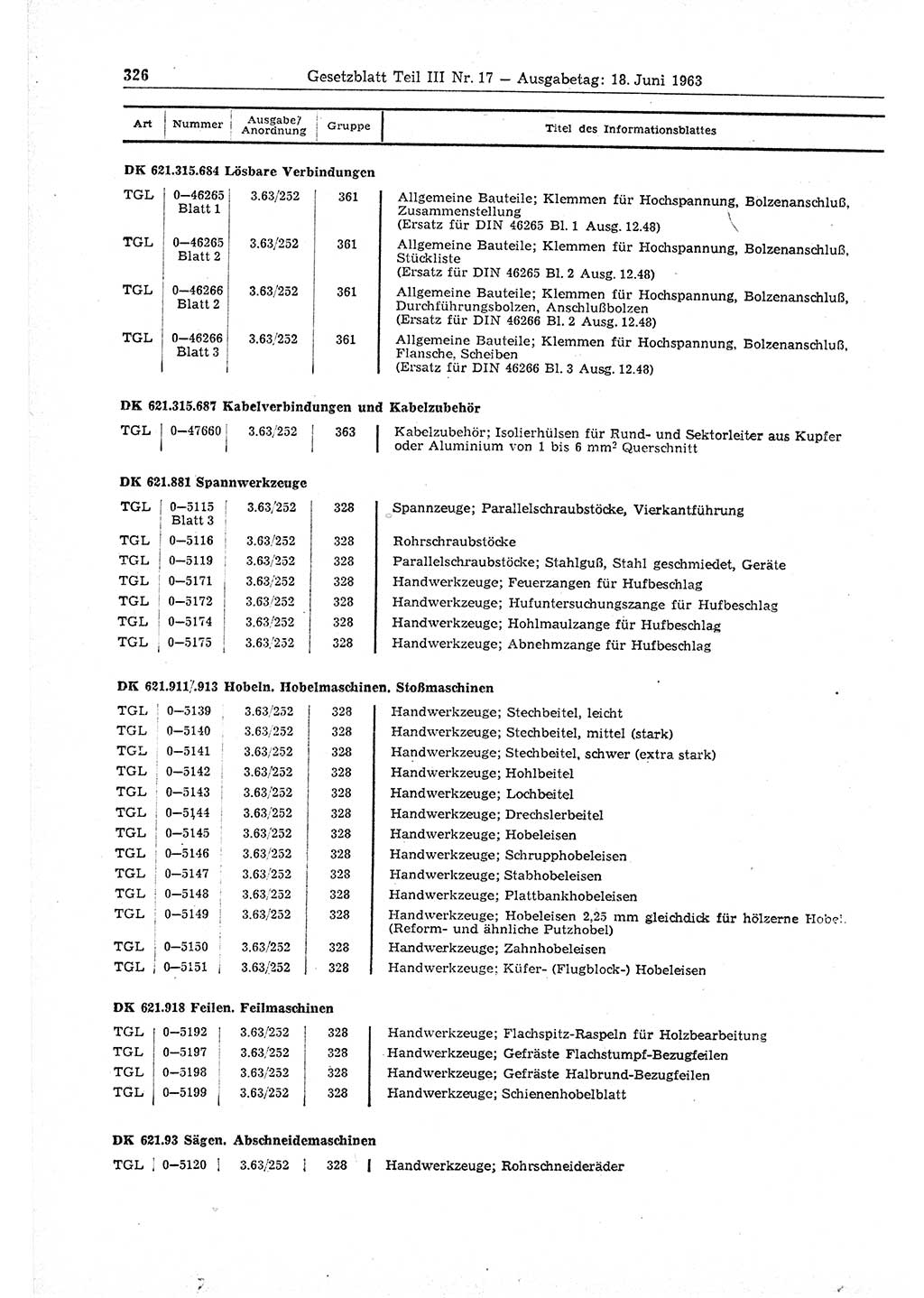 Gesetzblatt (GBl.) der Deutschen Demokratischen Republik (DDR) Teil ⅠⅠⅠ 1963, Seite 326 (GBl. DDR ⅠⅠⅠ 1963, S. 326)