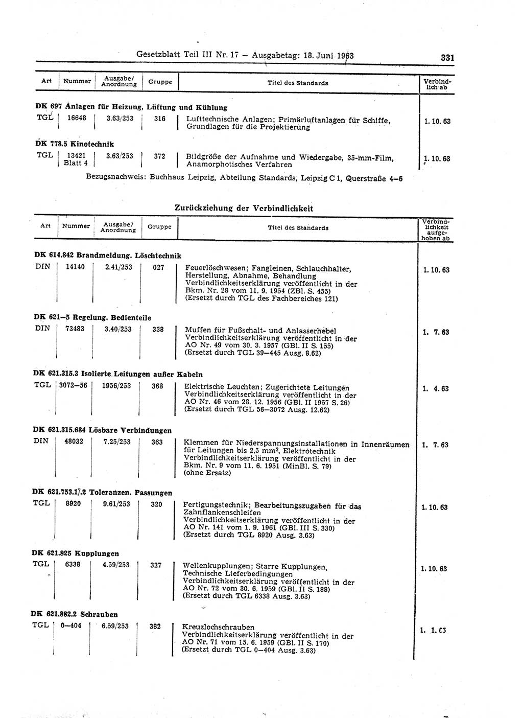 Gesetzblatt (GBl.) der Deutschen Demokratischen Republik (DDR) Teil ⅠⅠⅠ 1963, Seite 331 (GBl. DDR ⅠⅠⅠ 1963, S. 331)
