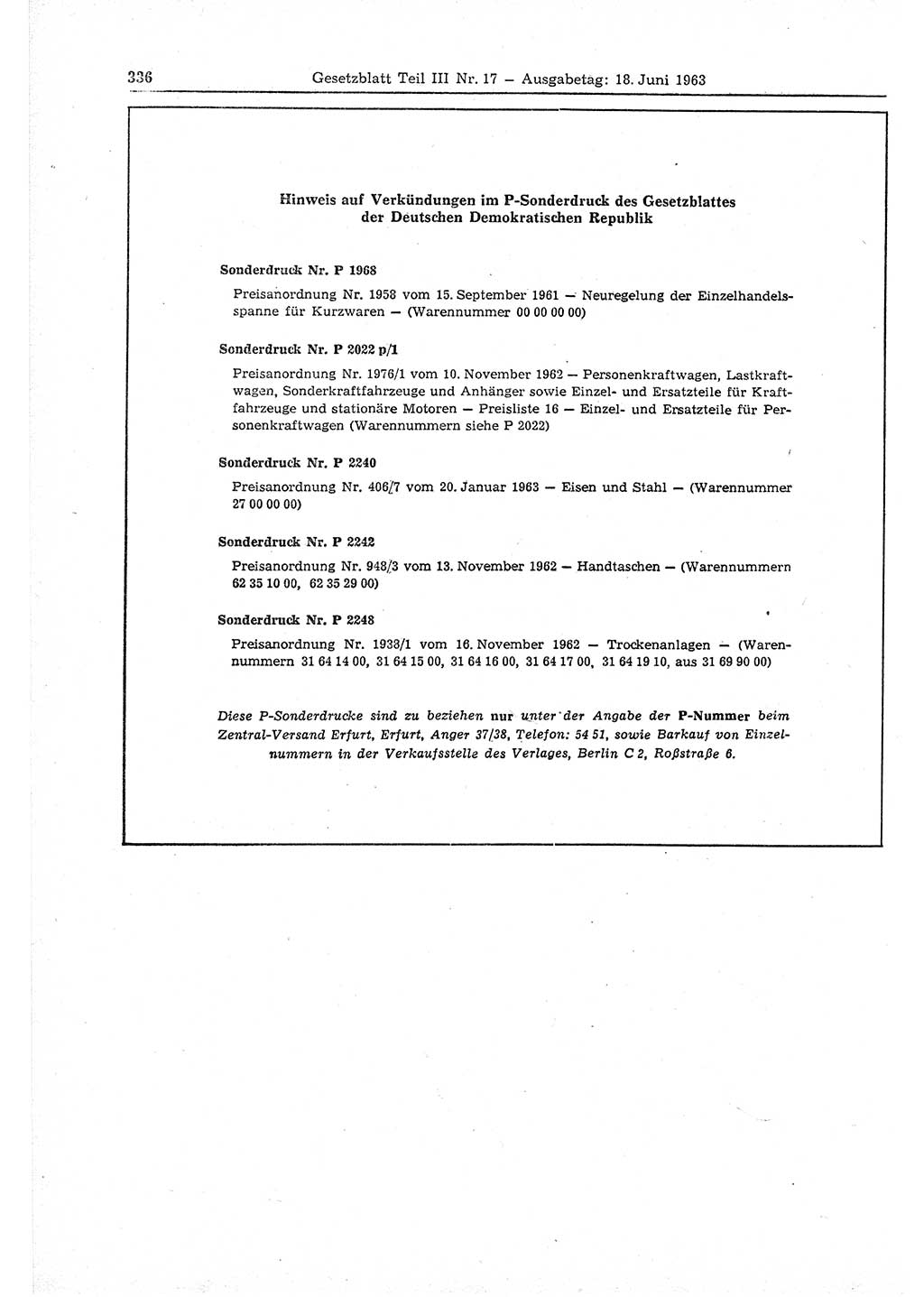 Gesetzblatt (GBl.) der Deutschen Demokratischen Republik (DDR) Teil ⅠⅠⅠ 1963, Seite 336 (GBl. DDR ⅠⅠⅠ 1963, S. 336)