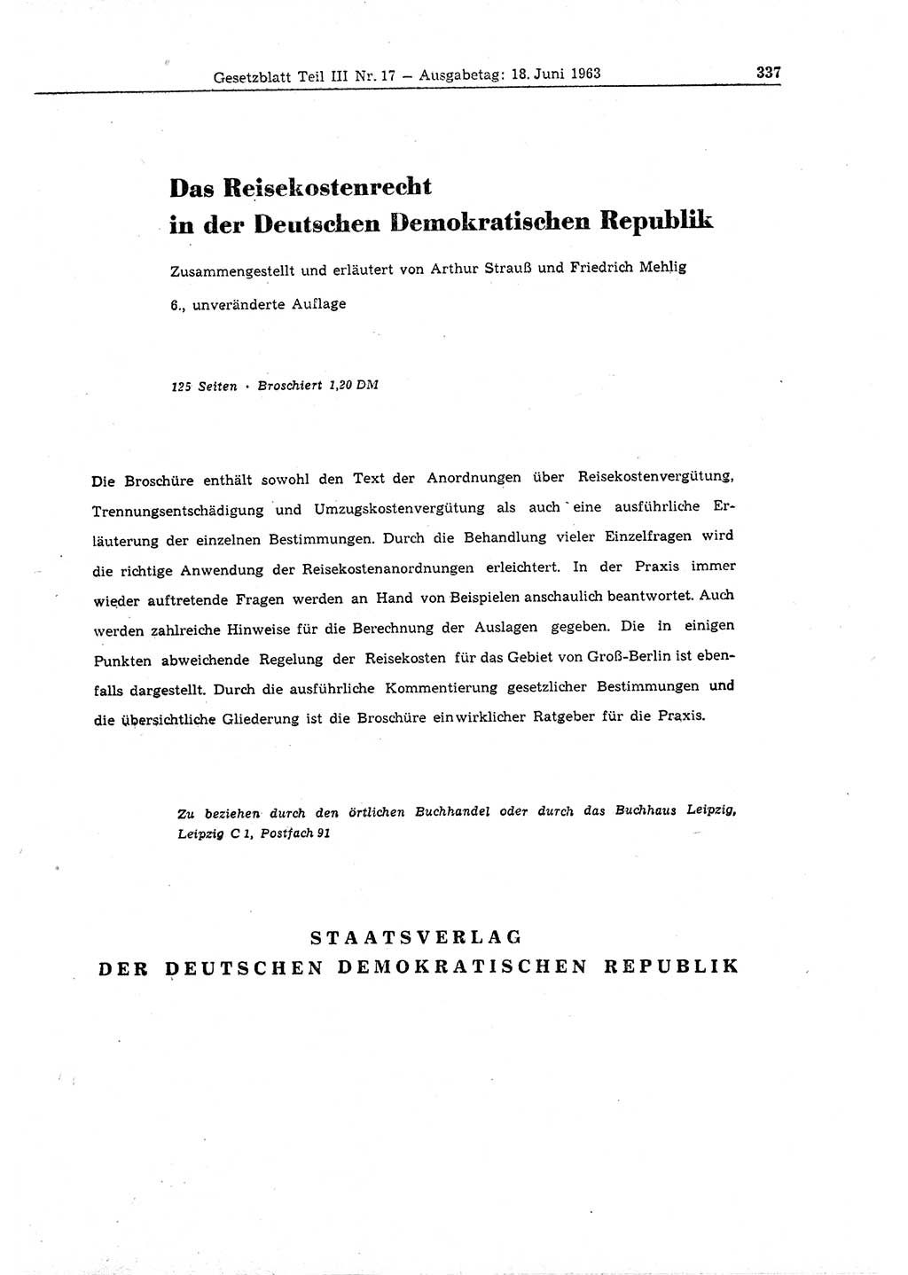 Gesetzblatt (GBl.) der Deutschen Demokratischen Republik (DDR) Teil ⅠⅠⅠ 1963, Seite 337 (GBl. DDR ⅠⅠⅠ 1963, S. 337)