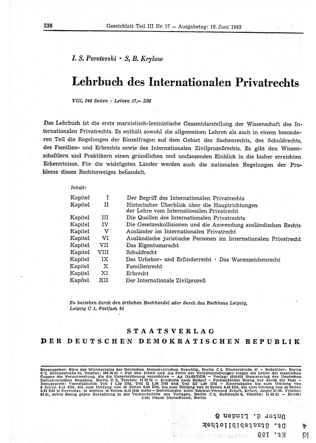 Gesetzblatt (GBl.) der Deutschen Demokratischen Republik (DDR) Teil ⅠⅠⅠ 1963, Seite 338 (GBl. DDR ⅠⅠⅠ 1963, S. 338)