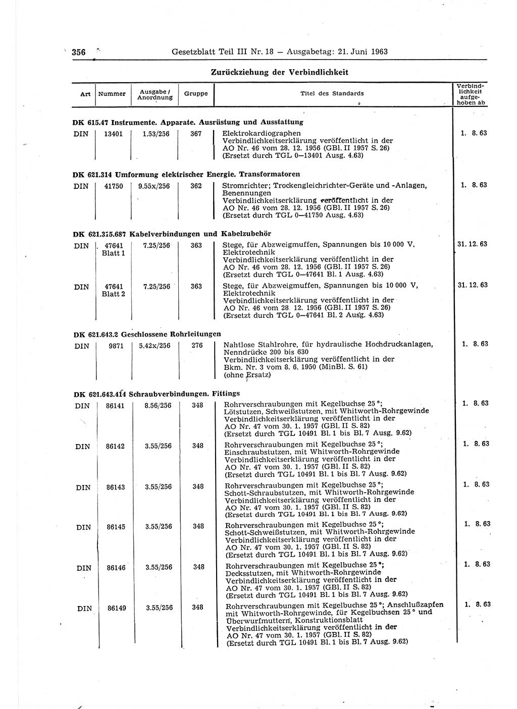 Gesetzblatt (GBl.) der Deutschen Demokratischen Republik (DDR) Teil ⅠⅠⅠ 1963, Seite 356 (GBl. DDR ⅠⅠⅠ 1963, S. 356)