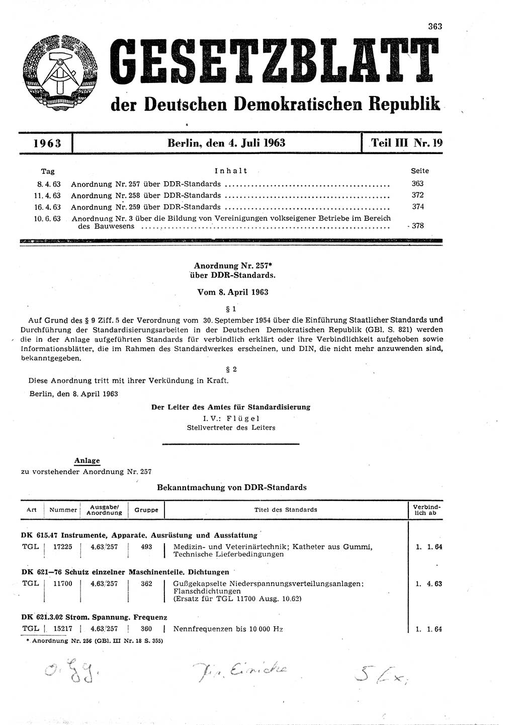 Gesetzblatt (GBl.) der Deutschen Demokratischen Republik (DDR) Teil ⅠⅠⅠ 1963, Seite 363 (GBl. DDR ⅠⅠⅠ 1963, S. 363)