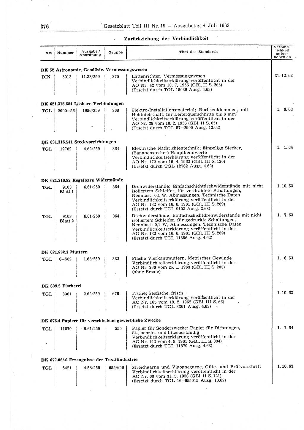 Gesetzblatt (GBl.) der Deutschen Demokratischen Republik (DDR) Teil ⅠⅠⅠ 1963, Seite 376 (GBl. DDR ⅠⅠⅠ 1963, S. 376)