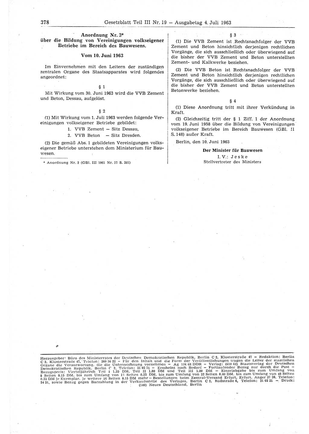 Gesetzblatt (GBl.) der Deutschen Demokratischen Republik (DDR) Teil ⅠⅠⅠ 1963, Seite 378 (GBl. DDR ⅠⅠⅠ 1963, S. 378)