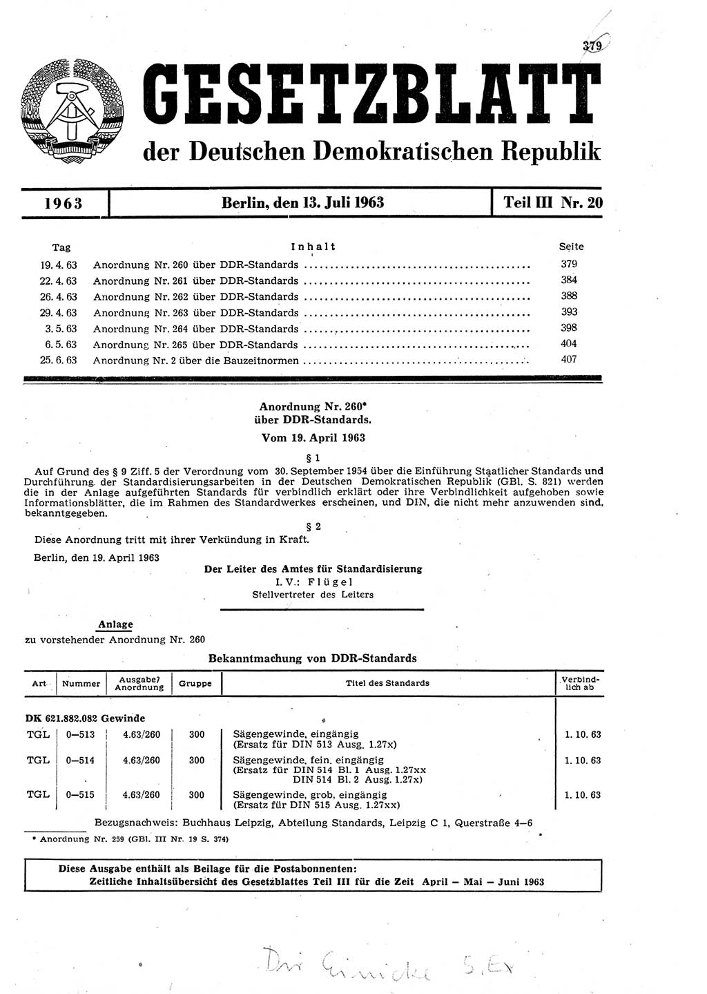 Gesetzblatt (GBl.) der Deutschen Demokratischen Republik (DDR) Teil ⅠⅠⅠ 1963, Seite 379 (GBl. DDR ⅠⅠⅠ 1963, S. 379)