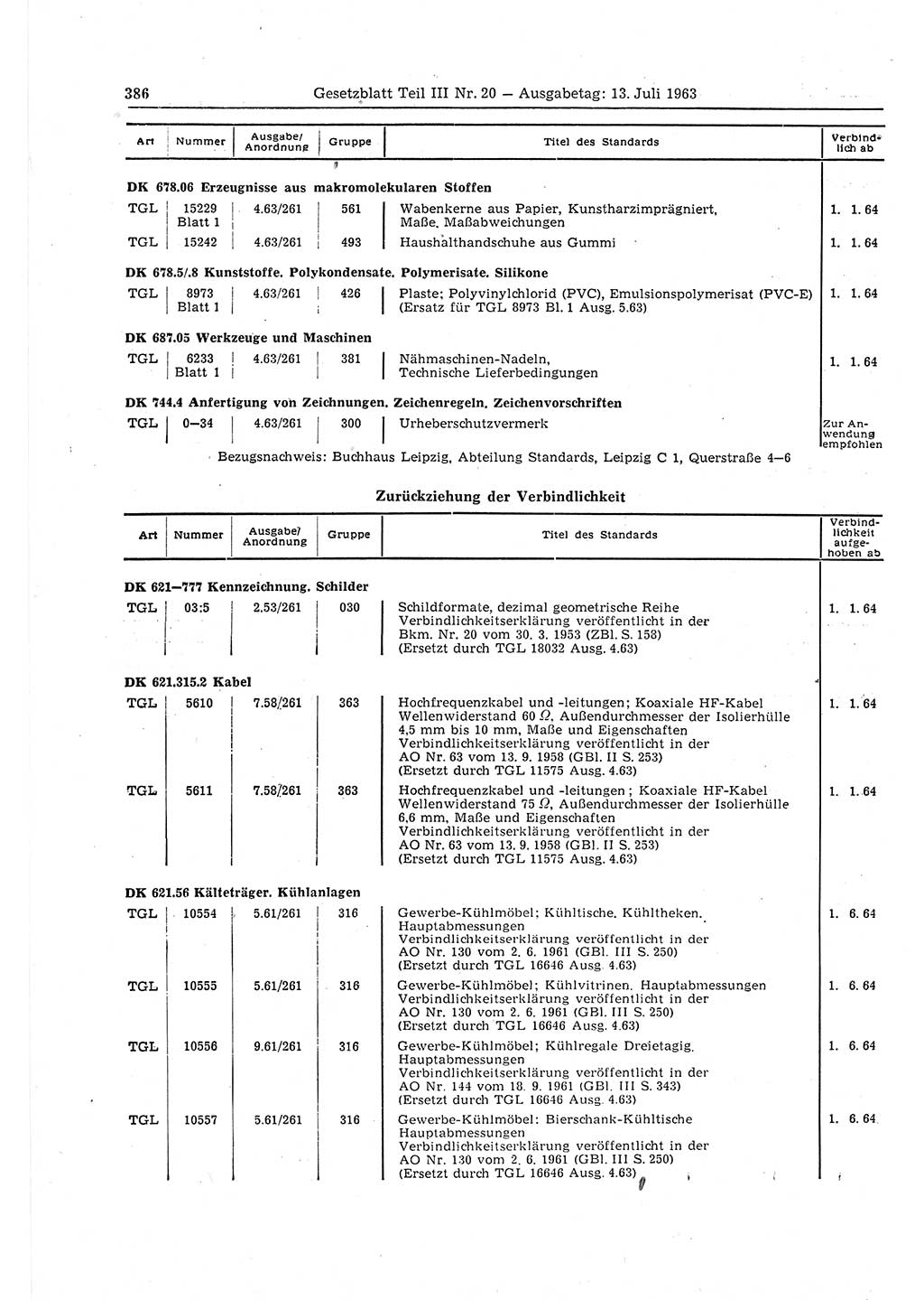 Gesetzblatt (GBl.) der Deutschen Demokratischen Republik (DDR) Teil ⅠⅠⅠ 1963, Seite 386 (GBl. DDR ⅠⅠⅠ 1963, S. 386)