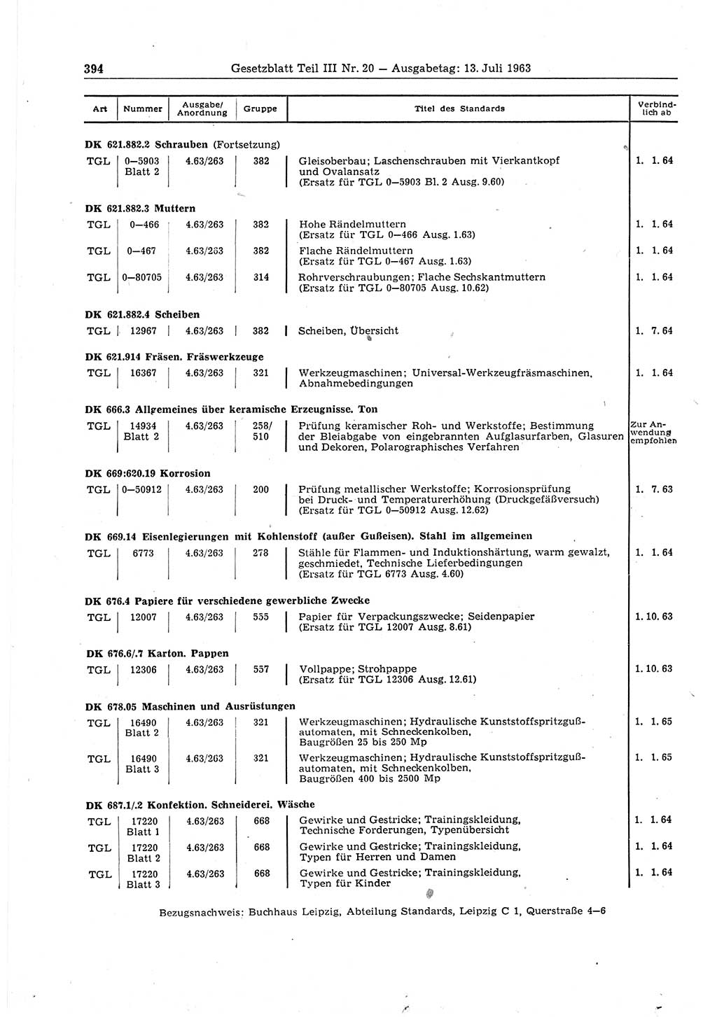 Gesetzblatt (GBl.) der Deutschen Demokratischen Republik (DDR) Teil ⅠⅠⅠ 1963, Seite 394 (GBl. DDR ⅠⅠⅠ 1963, S. 394)