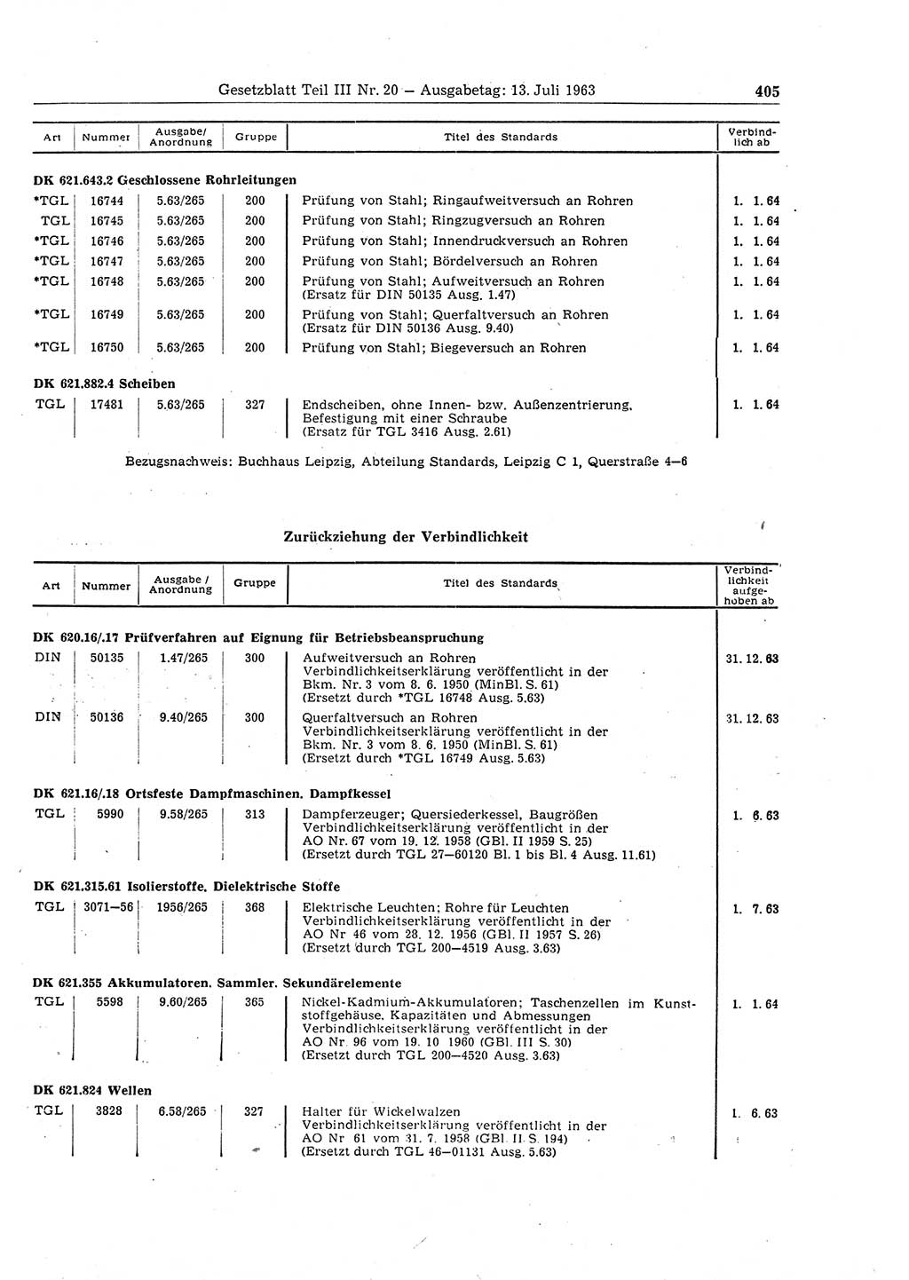 Gesetzblatt (GBl.) der Deutschen Demokratischen Republik (DDR) Teil ⅠⅠⅠ 1963, Seite 405 (GBl. DDR ⅠⅠⅠ 1963, S. 405)
