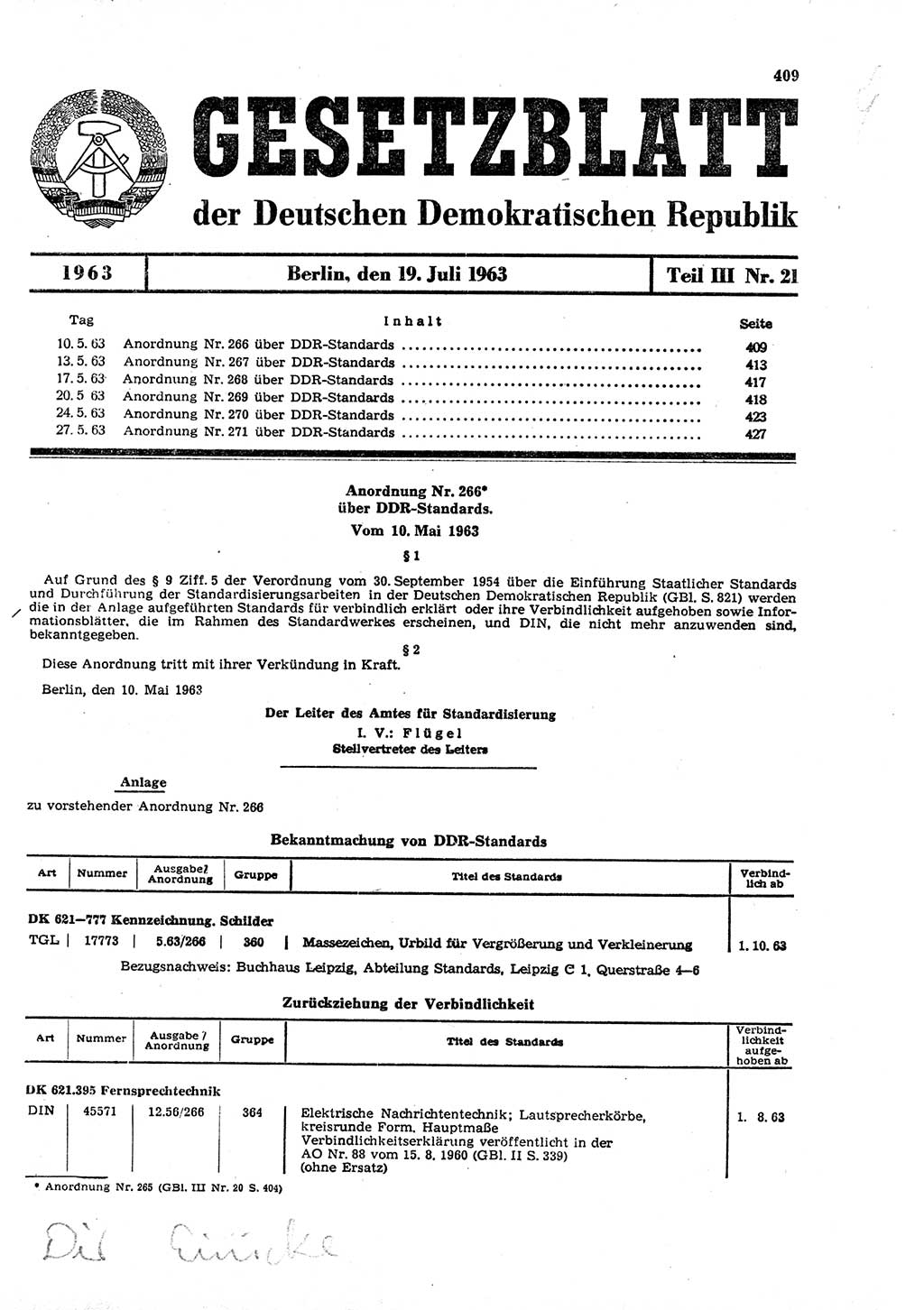 Gesetzblatt (GBl.) der Deutschen Demokratischen Republik (DDR) Teil ⅠⅠⅠ 1963, Seite 409 (GBl. DDR ⅠⅠⅠ 1963, S. 409)