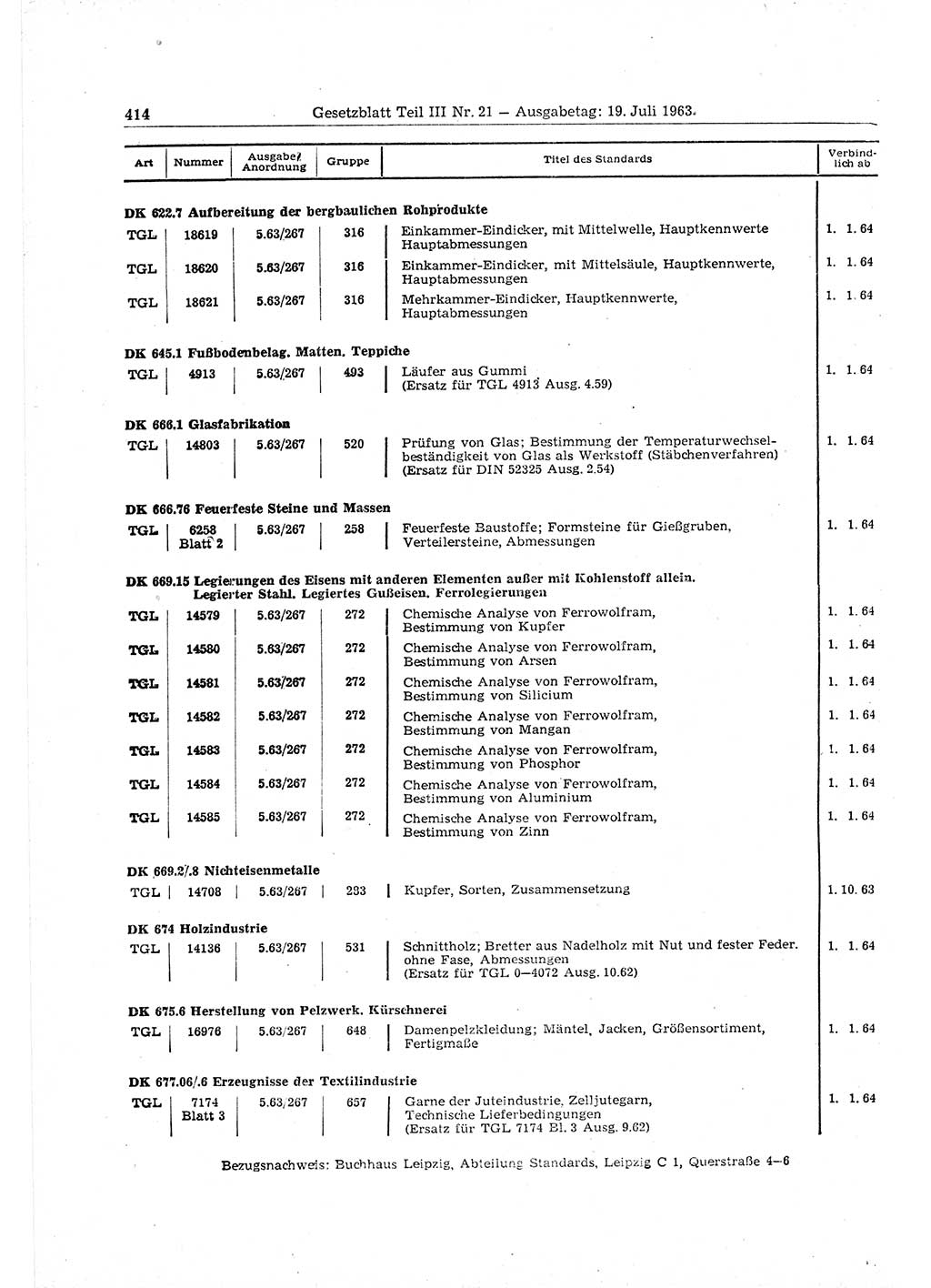 Gesetzblatt (GBl.) der Deutschen Demokratischen Republik (DDR) Teil ⅠⅠⅠ 1963, Seite 414 (GBl. DDR ⅠⅠⅠ 1963, S. 414)